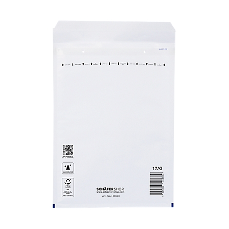 A white, rectangular envelope with black printing, barcode and brand logo.