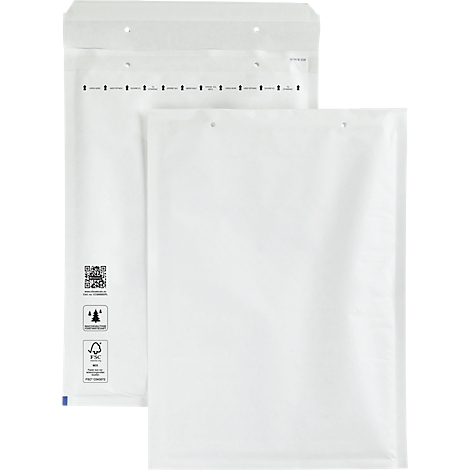Two white shipping bags. One is open, the other closed. On the left side are symbols and a QR code.