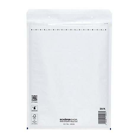 White bubble wrap envelope with black marking. Print: Schäfer Shop, barcode, FSC seal.