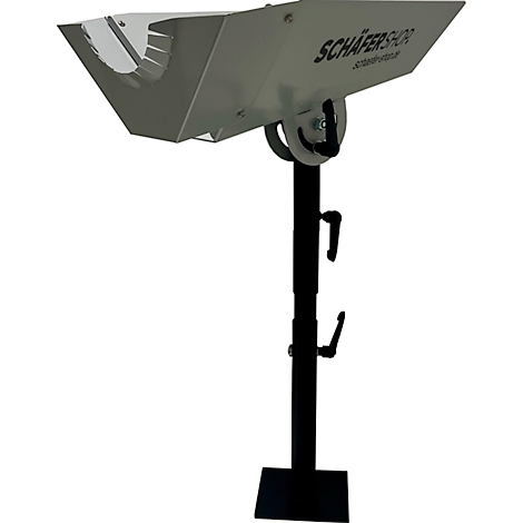 Grijze Schäfershop-drankhouder, metalen constructie, belettering, in hoogte verstelbaar.