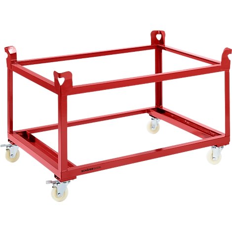 A red, rolling metal frame with four wheels.