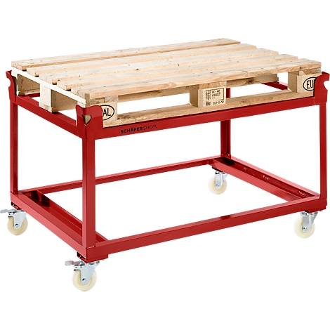 Red, mobile pallet frame with wooden pallet. The pallet rests on a frame with castors.