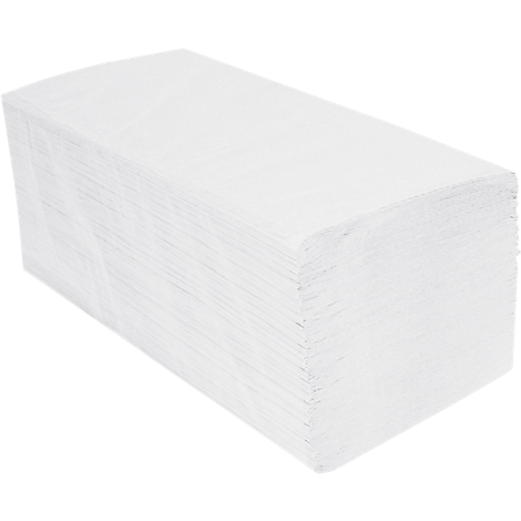 A stack of folded, white paper towels against a neutral background. The stack is rectangular and clearly folded.