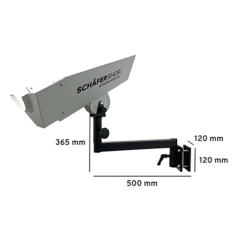 Grijze hoek met de inscriptie SCHÄFERSHOP. Zwarte arm met maat informatie. 365 mm, 500 mm en 120 mm.