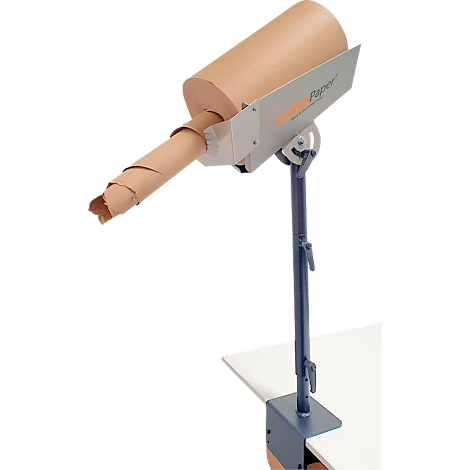Ein brauner Papierrollen-Abroller mit einem Papierrollen-Vorrat. Der Abroller ist an einem Metallgestell befestigt und an einem Tisch befestigt.