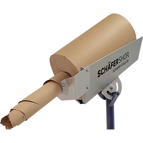 Ein braunes Papierrollen-System mit metallener Halterung und dem Schriftzug SCHÄFER SHOP.