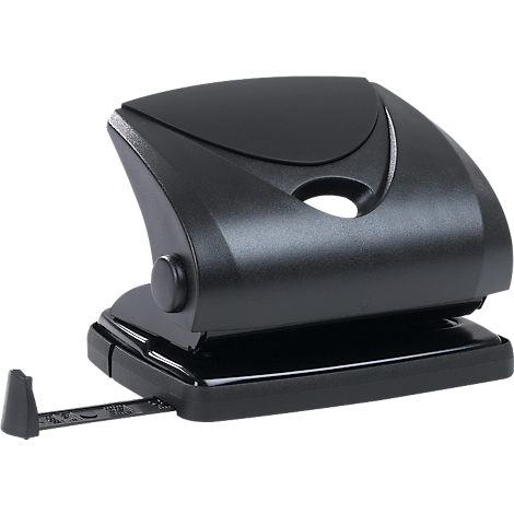 Zwarte perforator. De papiertray is uitgetrokken.