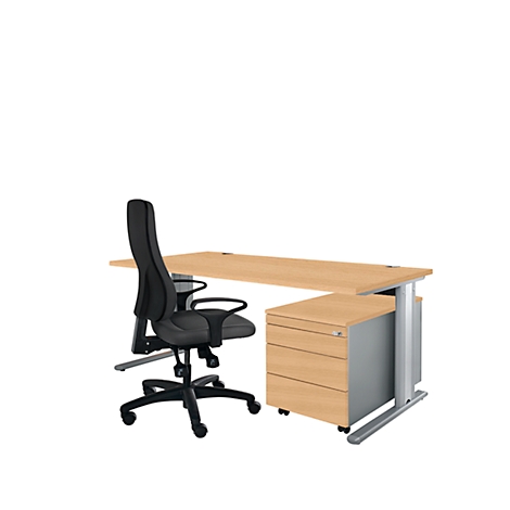 Office chair and desk on a white background. The chair is black, the desk is wood-colored and has a drawer cabinet.