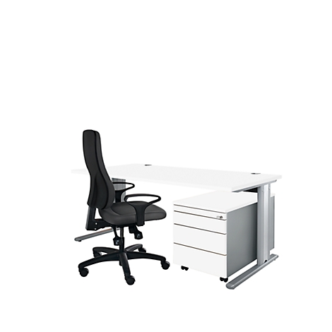 White office desk with black office chair in front. On the right a white container with three drawers.