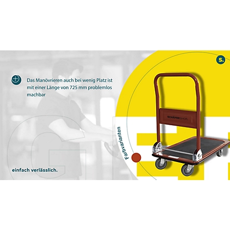 Schäfer Shop Pure Plattformwagen, klappbarer Schiebebügel, Antirutsch-Belag, Lenk- & Bockrollen, bis 150 kg, L 725 x B 475 x H 835 mm, rot-schwarz