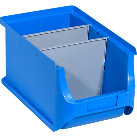 Blaue Sichtlagerbox aus Kunststoff mit einer grauen Trennwand auf weißem Hintergrund.