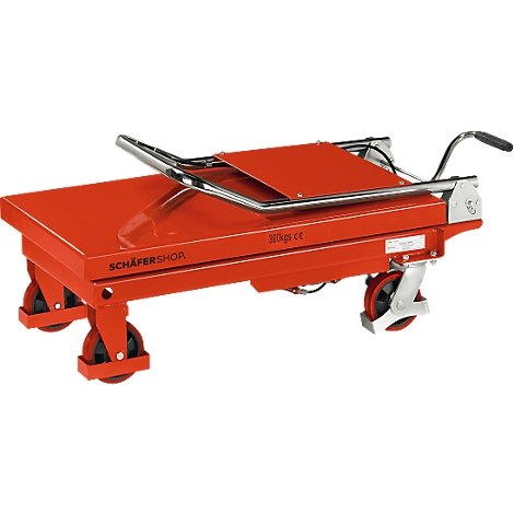 Roter Transportwagen mit silberfarbenem Griff und Rädern. Aufschrift "SCHÄFERSHOP" und "300 kg".