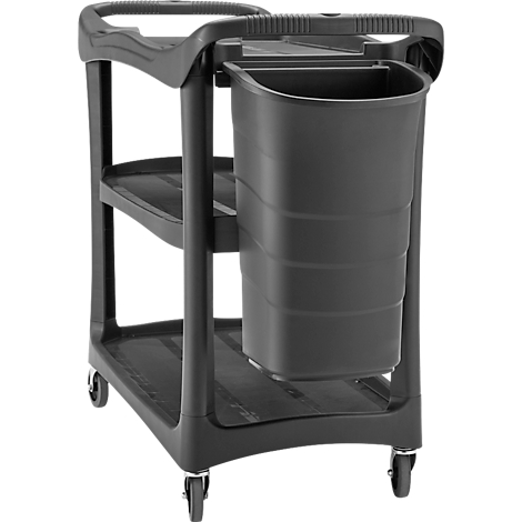 Zwarte serveerwagen met drie planken, vuilnisbak en handvat. Op wielen.