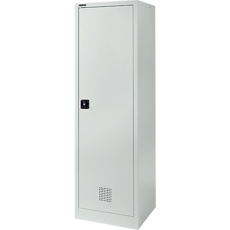 Grijze stalen kast met zwarte handgreep en ventilatierooster aan de onderkant.