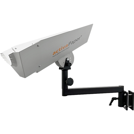 Ein graues Gerät von "activaPaper" mit einem schwenkbaren Arm, vor weißem Hintergrund.