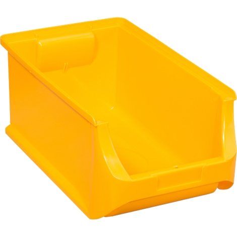 Gelbe Sichtlagerbox aus Kunststoff mit offener Vorderseite.