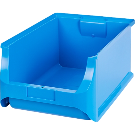 Blaue Sichtlagerbox aus Kunststoff mit offener Vorderseite auf weißem Hintergrund.