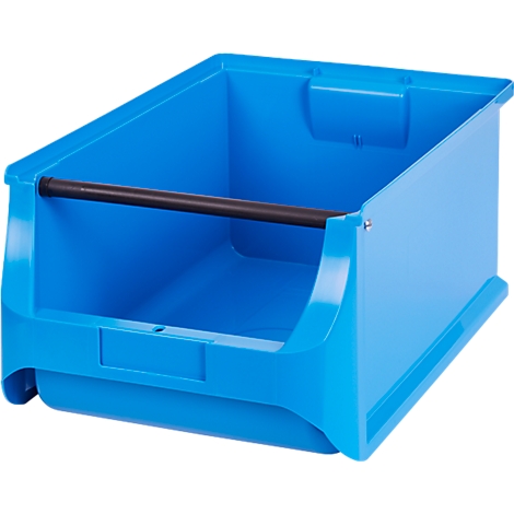 Blaue Sichtlagerbox aus Kunststoff mit schwarzer Metallstrebe an der Vorderseite.