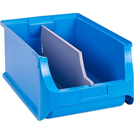 Blaue Sichtlagerbox aus Kunststoff mit einer grauen Trennwand in der Mitte vor weißem Hintergrund.