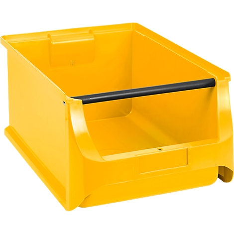 Eine gelbe, offene Kunststoff-Sichtlagerbox mit einer schwarzen Querstange an der Vorderseite.