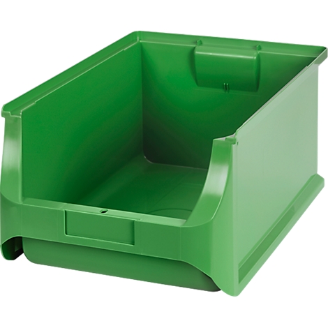 Leere grüne Sichtlagerbox aus Kunststoff vor neutralem Hintergrund.