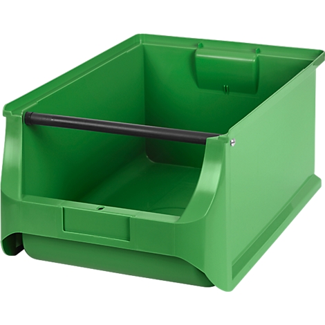 Grüne Kunststoff-Sichtlagerbox mit schwarzer Metallstrebe vorne auf weißem Hintergrund.