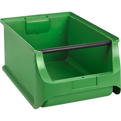 Grüne Kunststoff-Sichtlagerbox mit schwarzer Frontstange auf weißem Hintergrund.