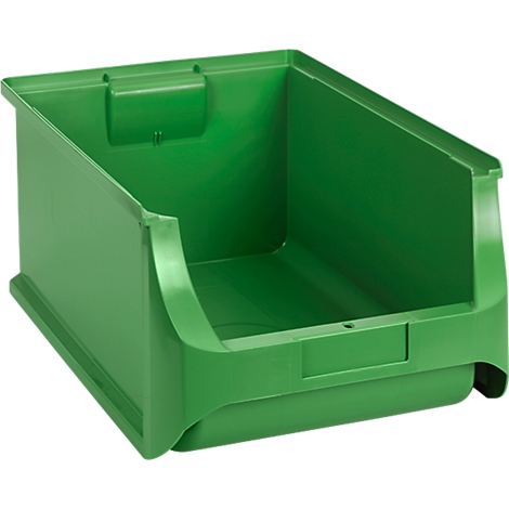 Leere, grüne Sichtlagerbox aus Kunststoff für die organisierte Lagerung von Kleinteilen.