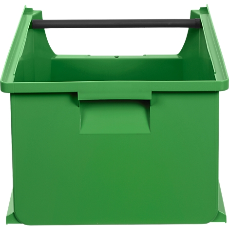 Grüne Kunststoff-Tragebox mit schwarzem Griff vor neutralem Hintergrund.