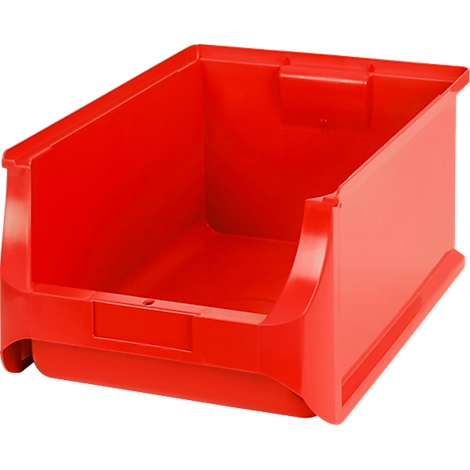 Eine rote, offene Sichtlagerbox aus Kunststoff auf weißem Hintergrund.