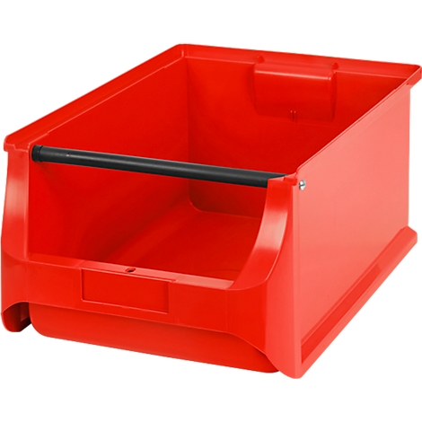 Rote Kunststoff-Sichtlagerbox mit schwarzer Frontstange auf weißem Hintergrund.