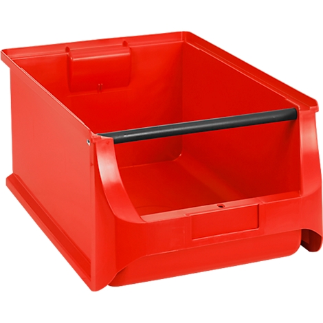 Rote, offene Kunststoff-Sichtlagerbox mit einer schwarzen Querstange an der Vorderseite.