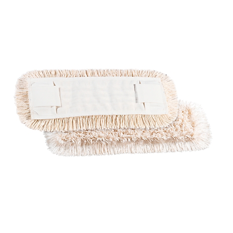 Two rectangular mops made of light-colored fabric, lying side by side. One slightly overlaps the other.