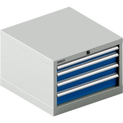 Grijze gereedschapskast met blauwe laden en zilveren handgrepen.