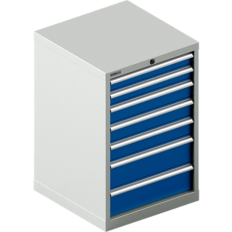 Grijze en witte gereedschapskast met blauwe laden. Bovenste lade met slot.