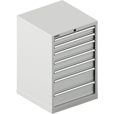 Grijze gereedschapskast met zes lades. Horizontale, zilveren handgrepen. Rechthoekig, rechtopstaand.