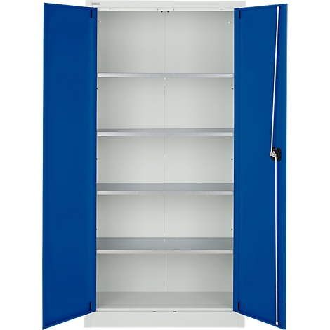 Weißer Schrank mit blauen Türen und vier Einlegeböden. Beide Türen sind geöffnet.