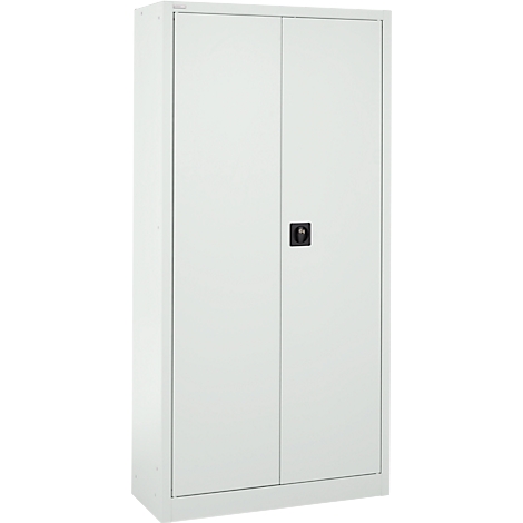 Ein weißer Stahlschrank mit zwei Türen und schwarzem Griff.
