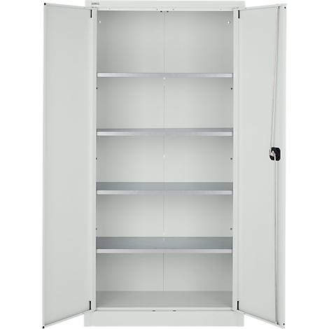 Weißer Stahlschrank mit geöffneten Türen. Fünf Fachböden sind im Inneren zu sehen.