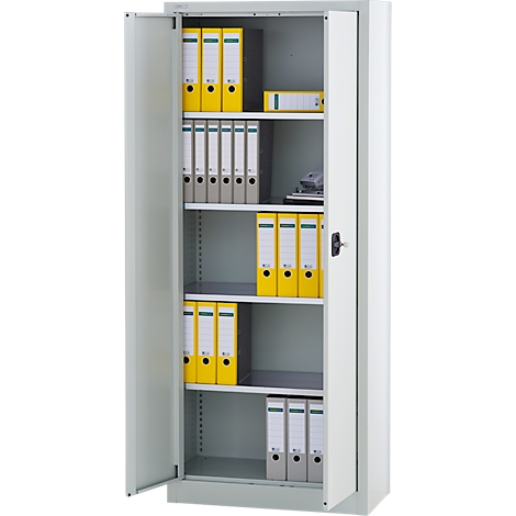 Offener Aktenschrank mit gelben und grauen Ordnern. Links ist die Tür geöffnet.