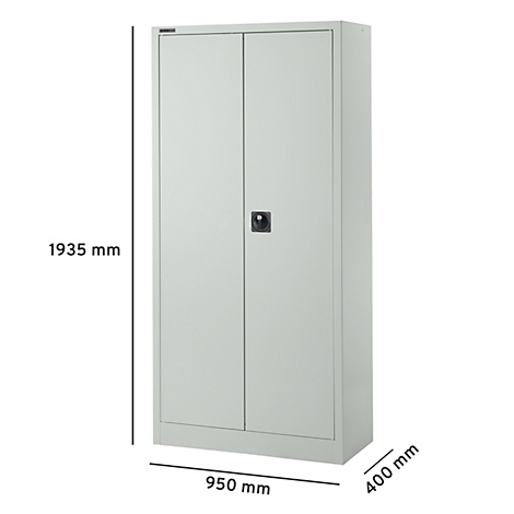 Hellgrauer Aktenschrank mit zwei Türen, Maßangaben 1935 mm hoch, 950 mm breit, 400 mm tief.