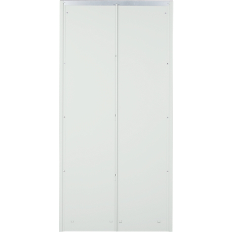 Dubbele deur van wit materiaal, metalen frame. De deur is gesloten en de structuur is duidelijk zichtbaar.