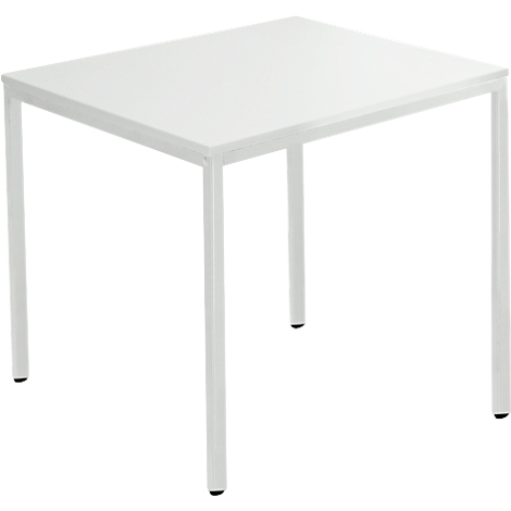 Square white table with four slender legs.