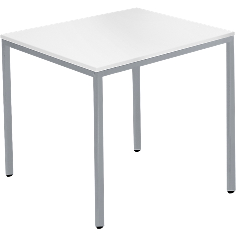 A square, white table with silver legs. Black plastic glides are attached to the feet.