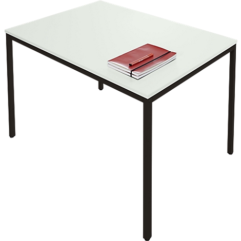 White table with black legs and a red notebook.