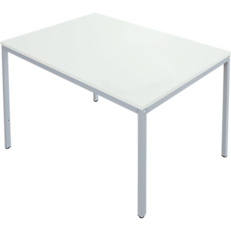 White table with metal legs. The tabletop is rectangular, the legs are cylindrical.