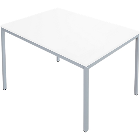 A rectangular white table with metal legs, against a white background.