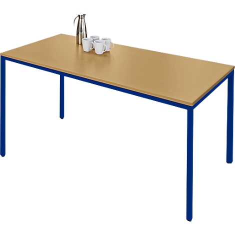 A rectangular table with a light brown tabletop and a blue frame. A jug and cups are on the table.