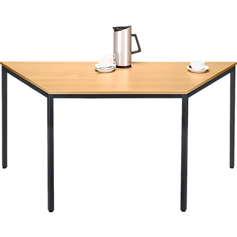 Triangular table with metal legs, light wood top, coffee pot and cups.