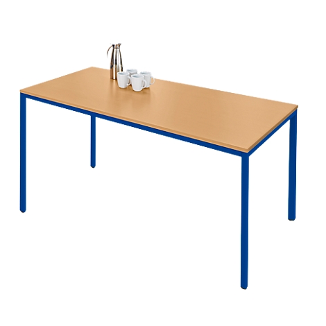 A rectangular table with a light brown table top and a blue metal frame. A jug and cups are on the table.